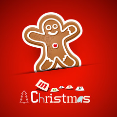Fototapeta na wymiar Merry Christmas Card. Gingerbread Man on Red Background.