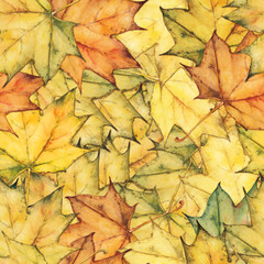 seamless watercolor background with colorful autumn maple leaves. original floral decoration.