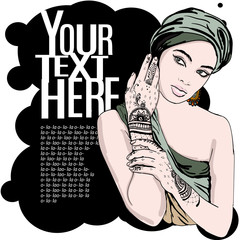 portrait of pretty indian etnic Girl in traditional turban, with henna tatoo mehendy on her hand. vector. copy spase.