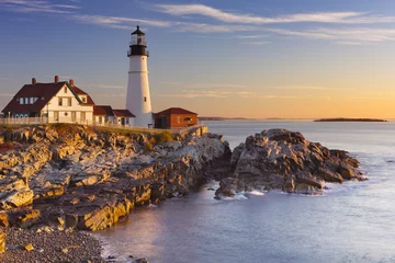 Küchenrückwand Plexiglas Leuchtturm Portland Head Lighthouse, Maine, USA bei Sonnenaufgang