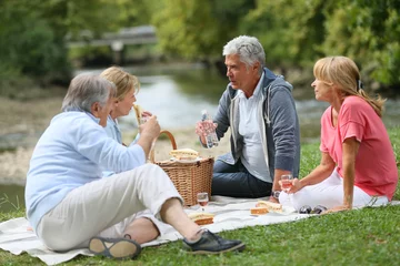 Tragetasche Gruppe von Senioren, die an einem sonnigen Tag ein Picknick genießen? © goodluz