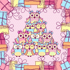 Beautiful pattern postcard with owls and gifts on pink background