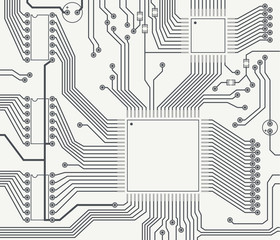 Monochrome image of fragment of printed circuit board with the contact pads.