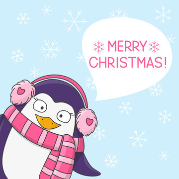 Cute penguin on snow background 