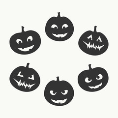 Halloween set of six silhouettes of jack-o'-lantern with a different facial expression, from good to evil, black on white background. Vector graphics.