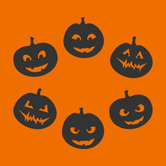 Halloween set of six silhouettes of jack-o'-lantern with a different facial expression, from good to evil, black on orange background. Vector graphics.
