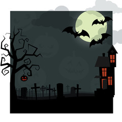 Halloween night. Dry tree, with jack-o'-lantern hanging on it, old cemetery covered with mist, the bats flying on background a big moon in the clouds, and an abandoned house, windows that glow orange.