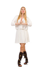 Pretty woman in ancient style dress isolated on white