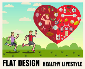 Man and woman Sports, running, healthy lifestyle,food ,Vector fl
