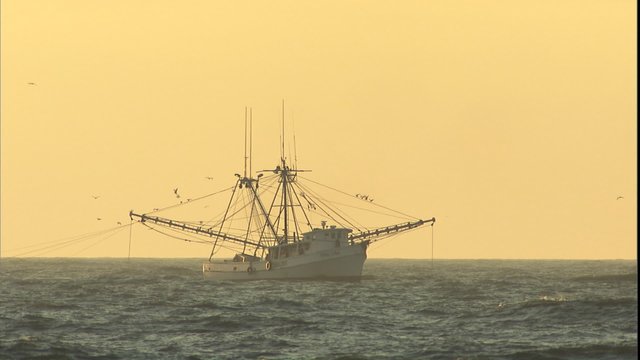 Static shot of a shrimp boat at sea at sunrise