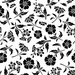 Seamless black and white pattern with flowers. Vector illustration.