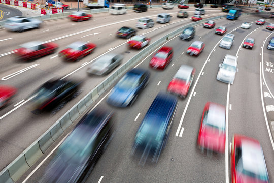 Traffic On Multiple Lane Highway With Motion Blur