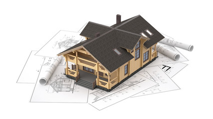 The three-dimensional image of a modern wooden house on a background of drawings. Objects isolated on white background.