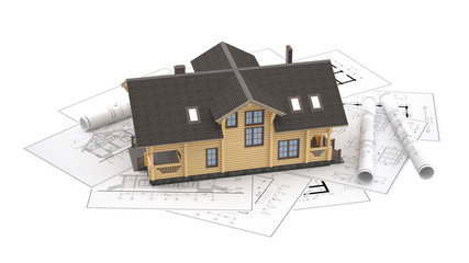 The three-dimensional image of a modern wooden house on a background of drawings. Objects isolated on white background.