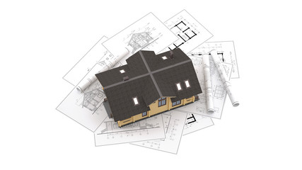 The three-dimensional image of a modern wooden house on a background of drawings. Objects isolated on white background.