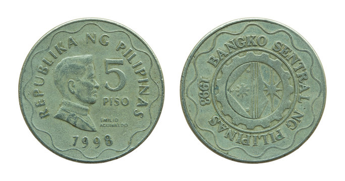 Philippine five peso coins isolated on white