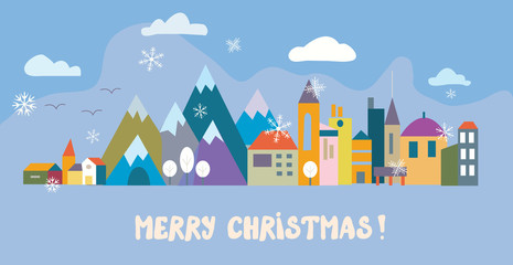 Christmas greeting card with town and snow - 91923140