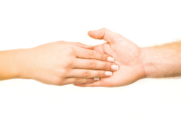 Fototapeta premium Male and female hands holding on white background