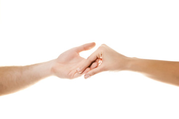 Male and female hands holding on white background
