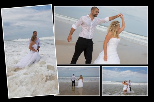 Collage of pictures of a wedding newly couple at the beach having fun