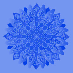 Blue mandala. Isolated round element. Monochrome vector illustration. Cold colors.