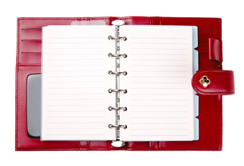 Open blank red leather planner