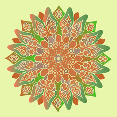Green and brown mandala on the soft yellow background. Isolated round element. Vector illustration.