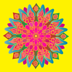 Bright pink mandala on the yellow background. Isolated round element. Vector illustration.