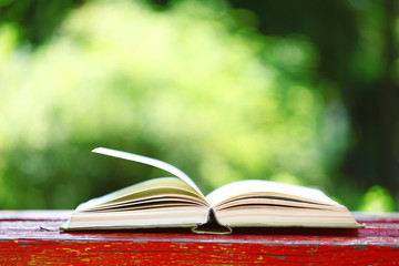 Open book outdoors, on blurred background