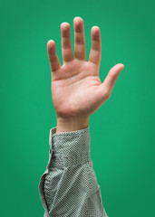 Raised Male Hand Isolated on Green