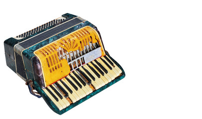 Old broken accordion isolated on white background
