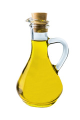 Olive oil in a bottle on white