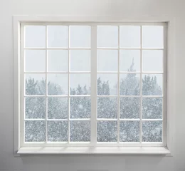Fotobehang Modern residential window with snow and trees © nexusseven