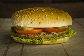 Hamburger on wooden board