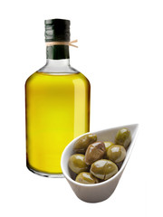 Green olives and olive oil on the background on white