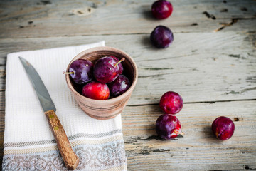 Fresh pink plum in pottery on gray wooden table, rustic
