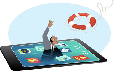 Man drowning in a smartphone screen, reaching for a lifebuoy, EPS 8 vector illustration, no transparencies, no mesh