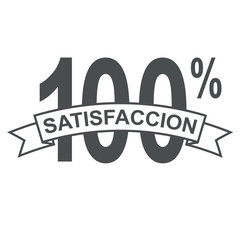 Icono plano cinta texto SATISFACCION gris con 100%