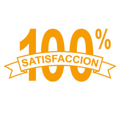Icono plano cinta texto SATISFACCION naranja con 100%