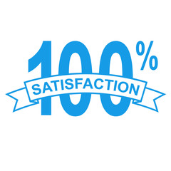 Icono plano cinta texto SATISFACTION azul con 100%