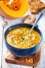homemade pumpkin cream soup with seeds
