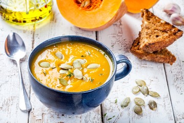 homemade pumpkin cream soup with seeds