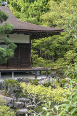 Obraz premium A traditional Japanese wooden building surrounded by trees in a park