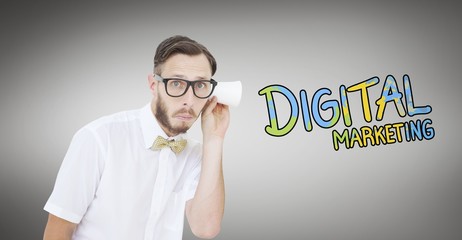 Composite image of geeky businessman eavesdropping with cup