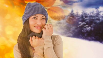 Composite image of attractive brunette looking up