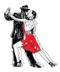 PrintSketched Tango Dancers in Red and Black