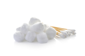 cotton ball and cotton buds on white background