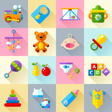 Baby toys and care icon set