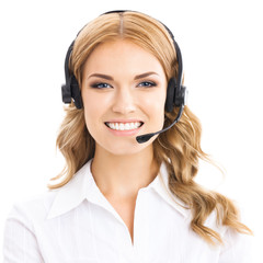 Support phone operator in headset, isolated