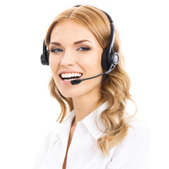 Support phone operator in headset, isolated